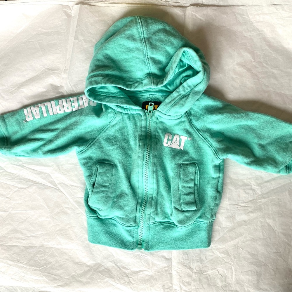 Preowned Sz 6 Mos Caterpillar Teal & White 2 Pocket Zippered Hoodie